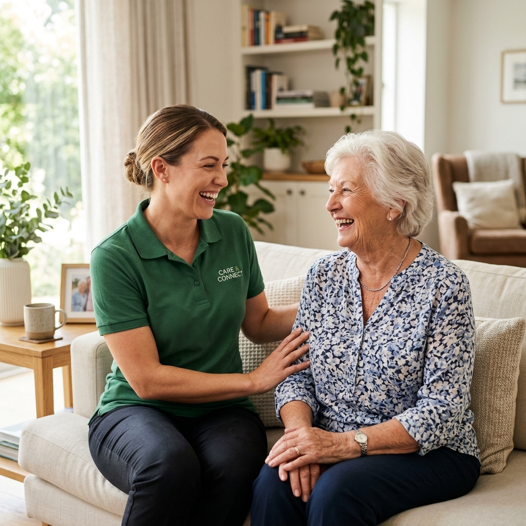 Tiger Companion Care caregiver sharing a joyful, compassionate moment with a senior client